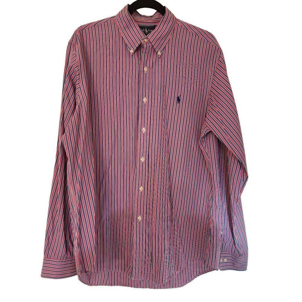 Ralph Lauren men's blue pink and white striped button down collared custom fit d
